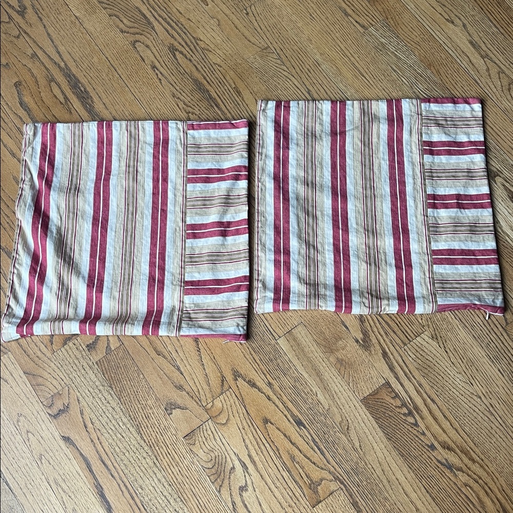 Pottery Barn Red Tan Cream Striped Linen Pillow Covers 18x18 Set of 2 - Picture 4 of 8